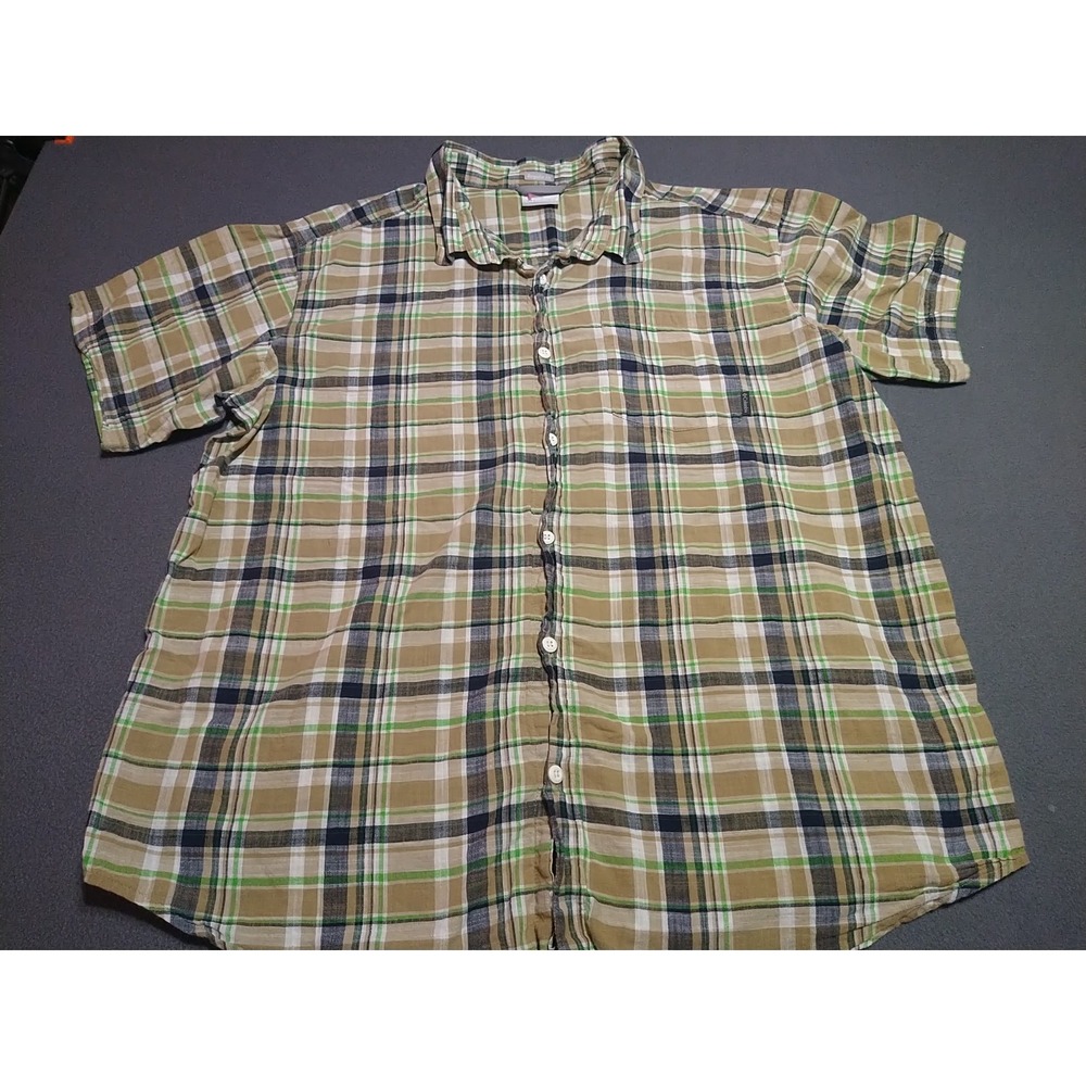 Columbia Shirt Men‎ XXL Beige Plaid Sporty Classic Cotton Button Up Short Sleeve